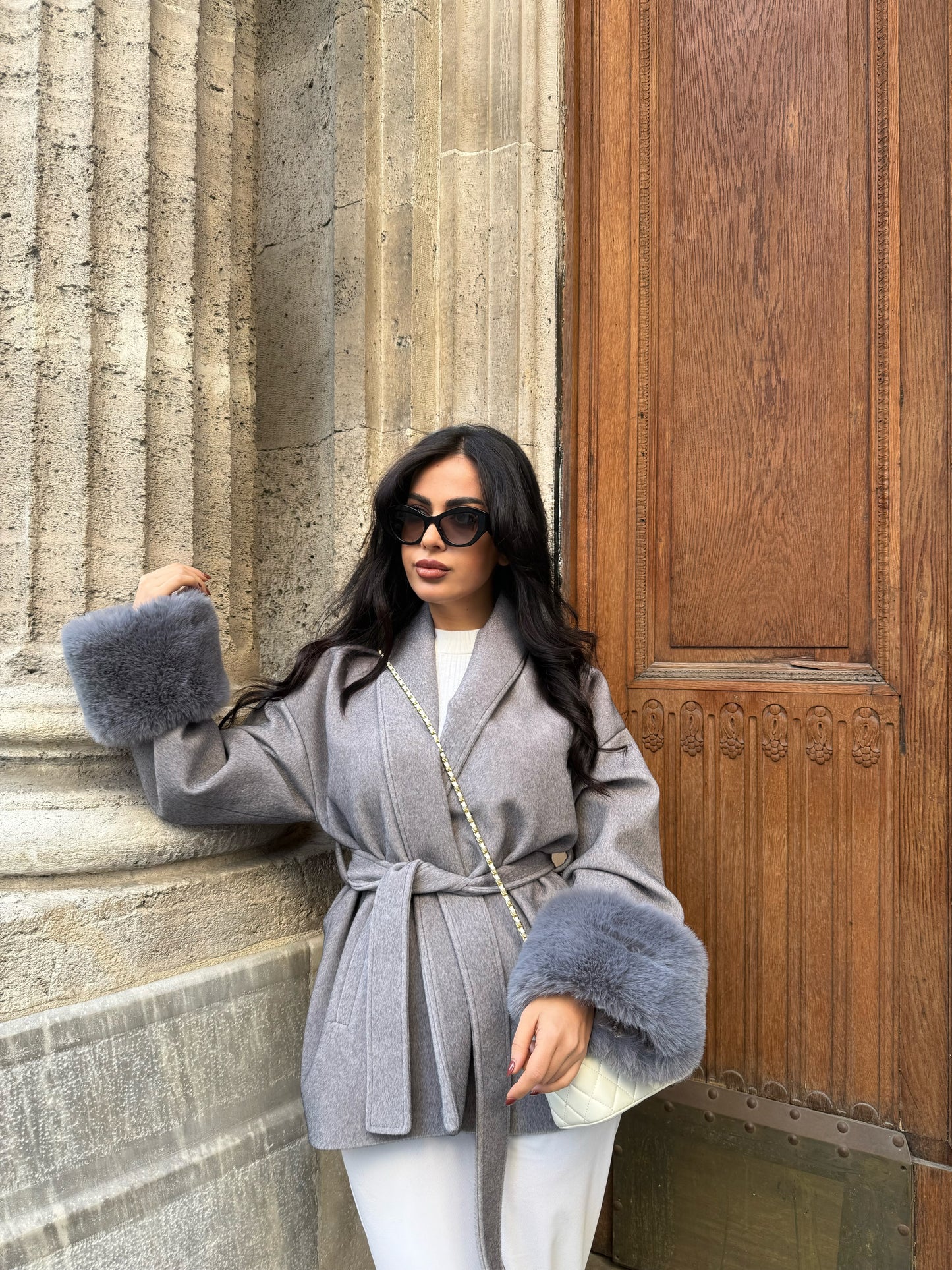 Monaco Gri Premium Kürklü Kaban