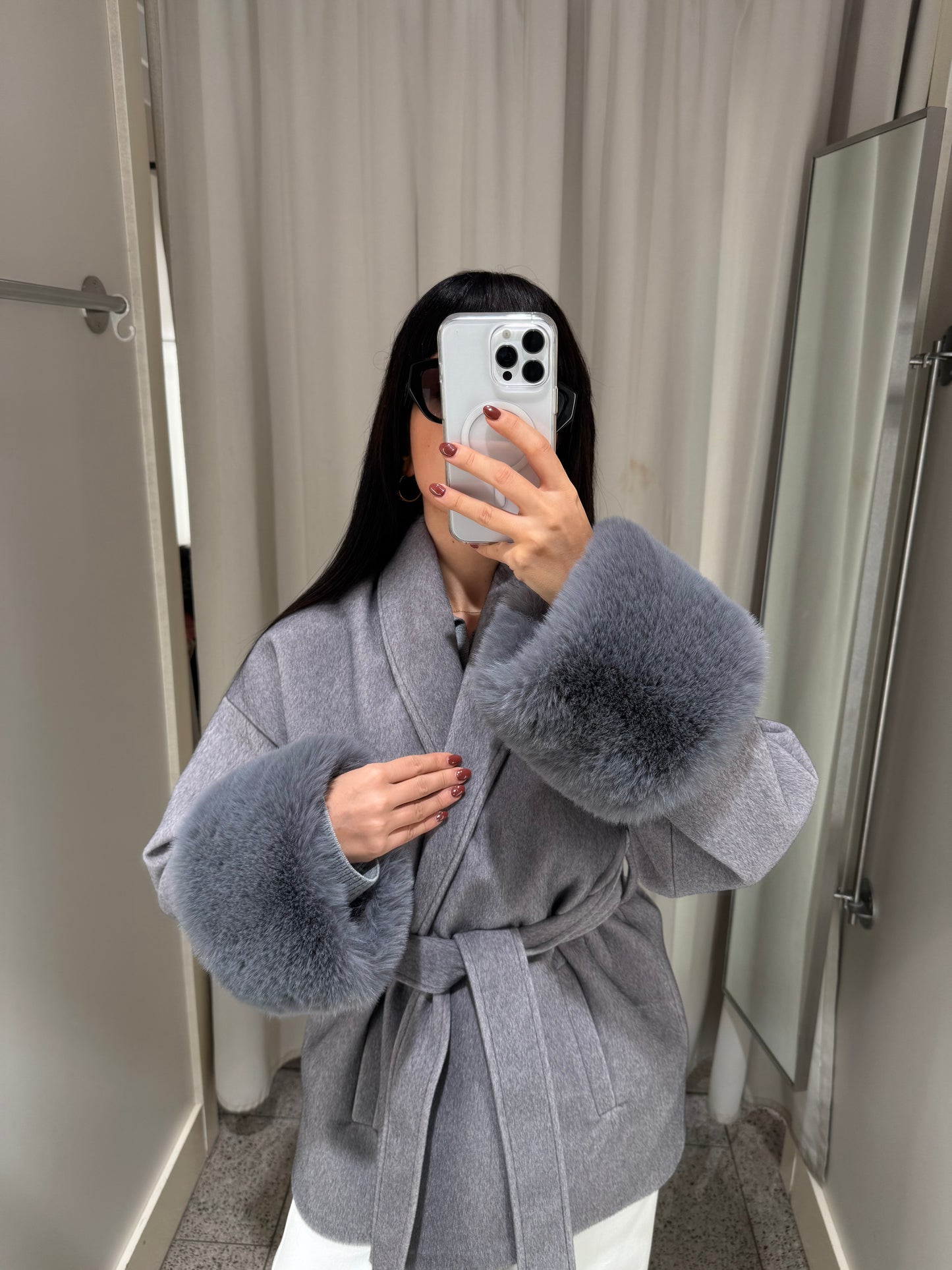 Monaco Gri Premium Kürklü Kaban