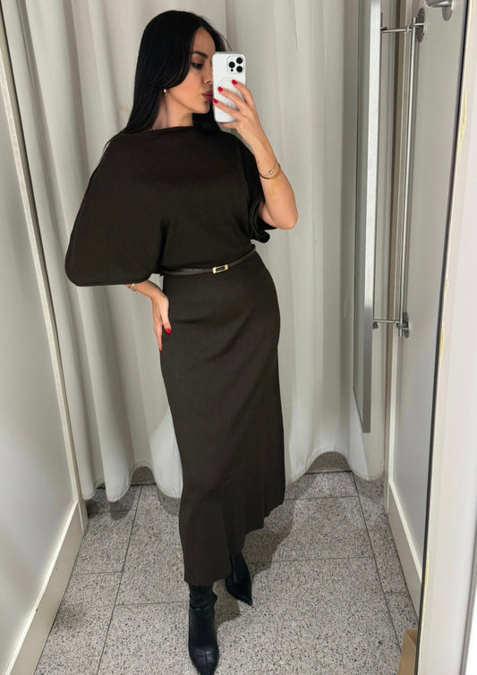 Asya Kemerli Triko Elbise -kahverengi