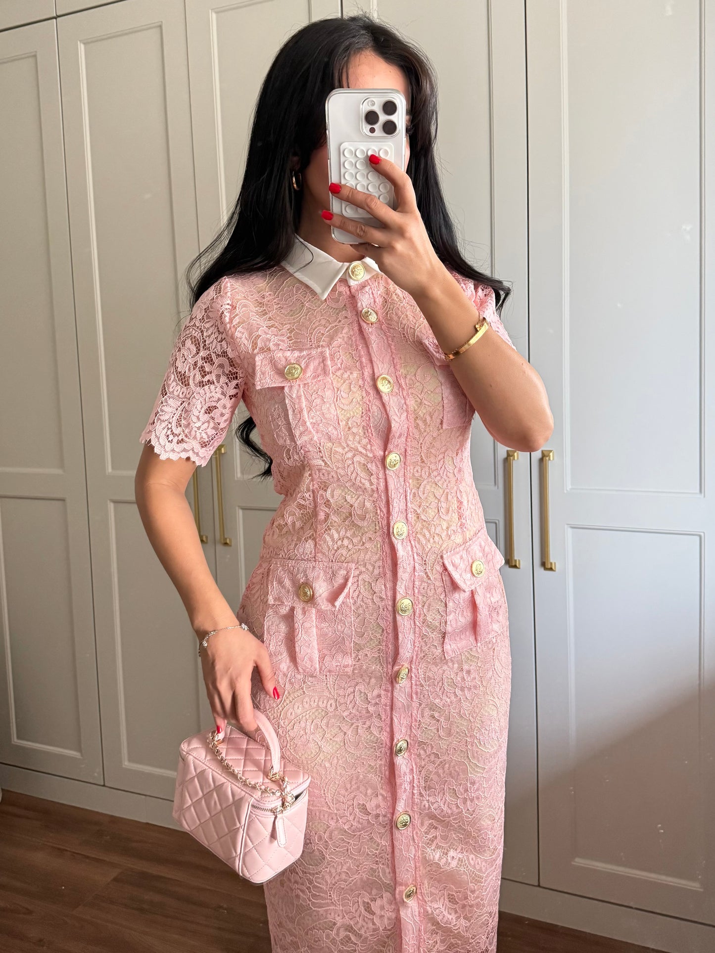 Ela Dantel Elbise-Pembe