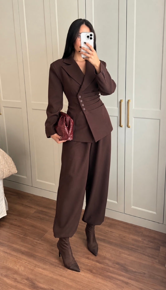 Wendy Bel Büzgülü Blazer Takımı-kahverengi