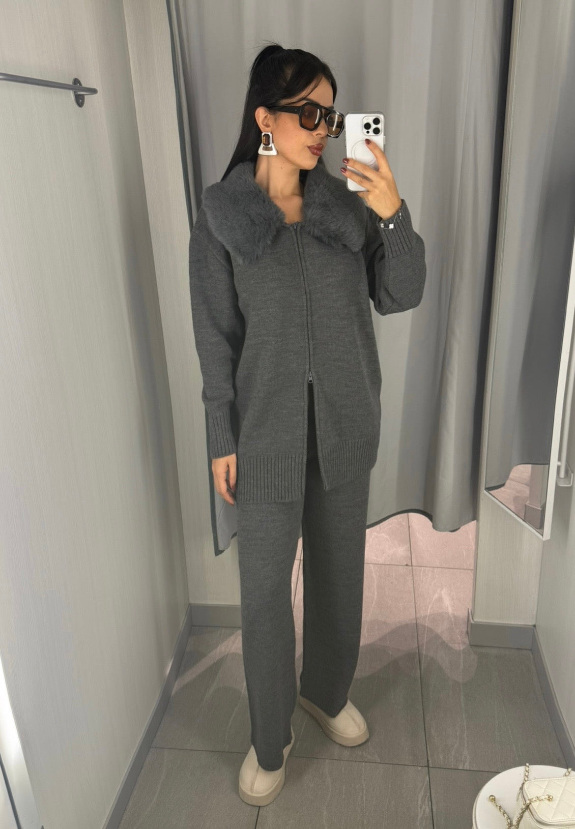 Elisa Gri Premium Kürklü Triko Takım