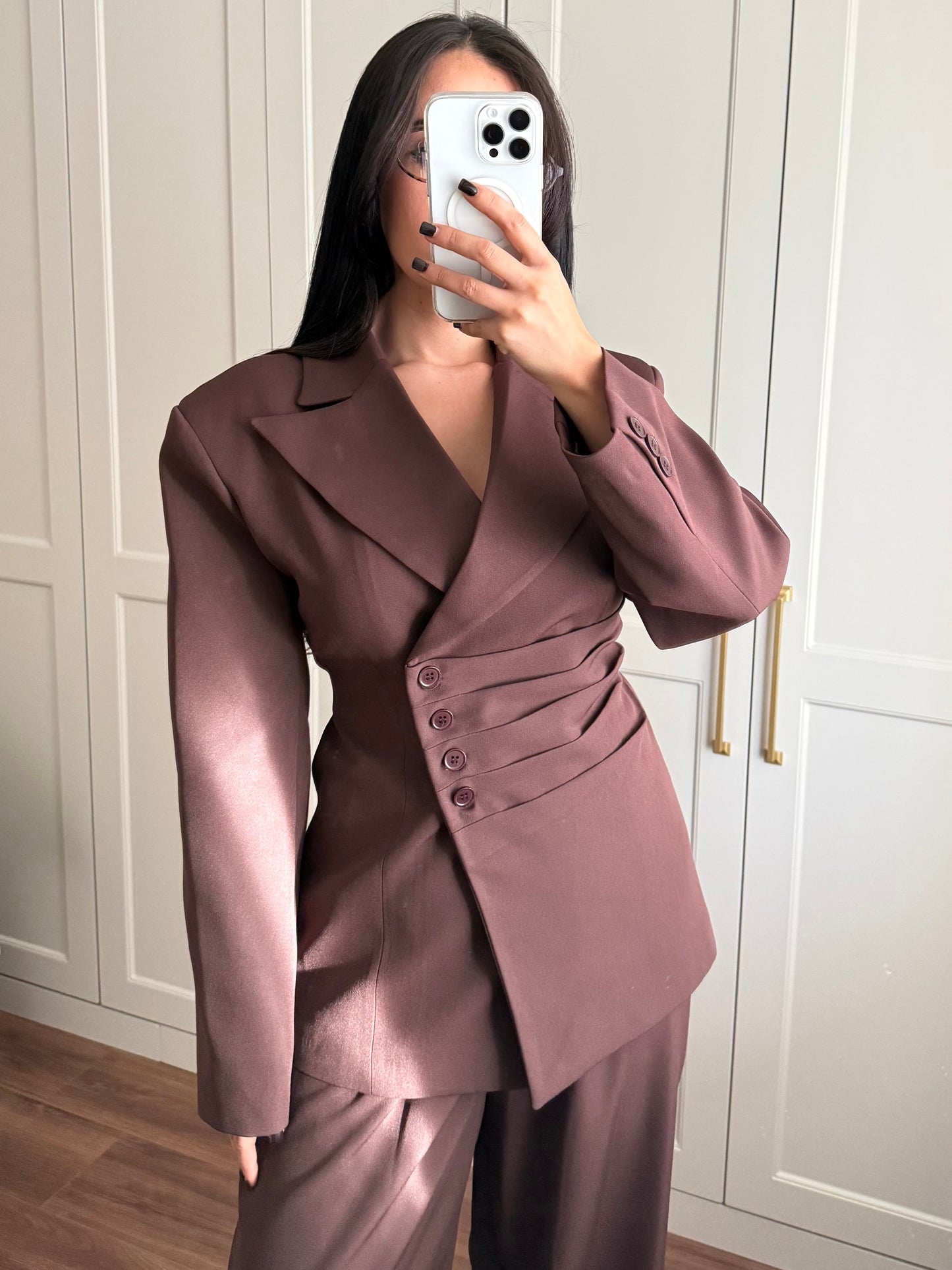 Wendy Bel Büzgülü Blazer Takımı-kahverengi