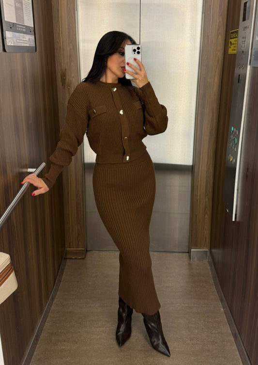 Berlin Kahverengi Triko Kazak Ve Etek Takım