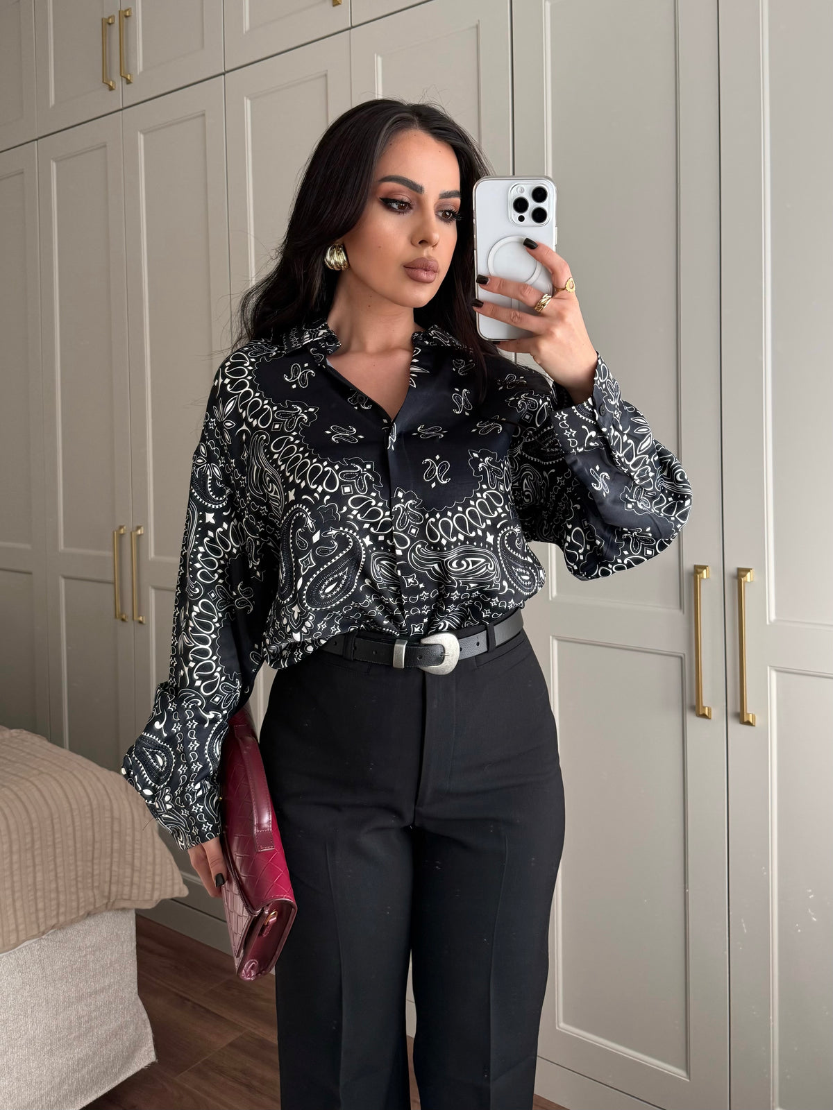 Bandana desenli premium saten gömlek -Siyah