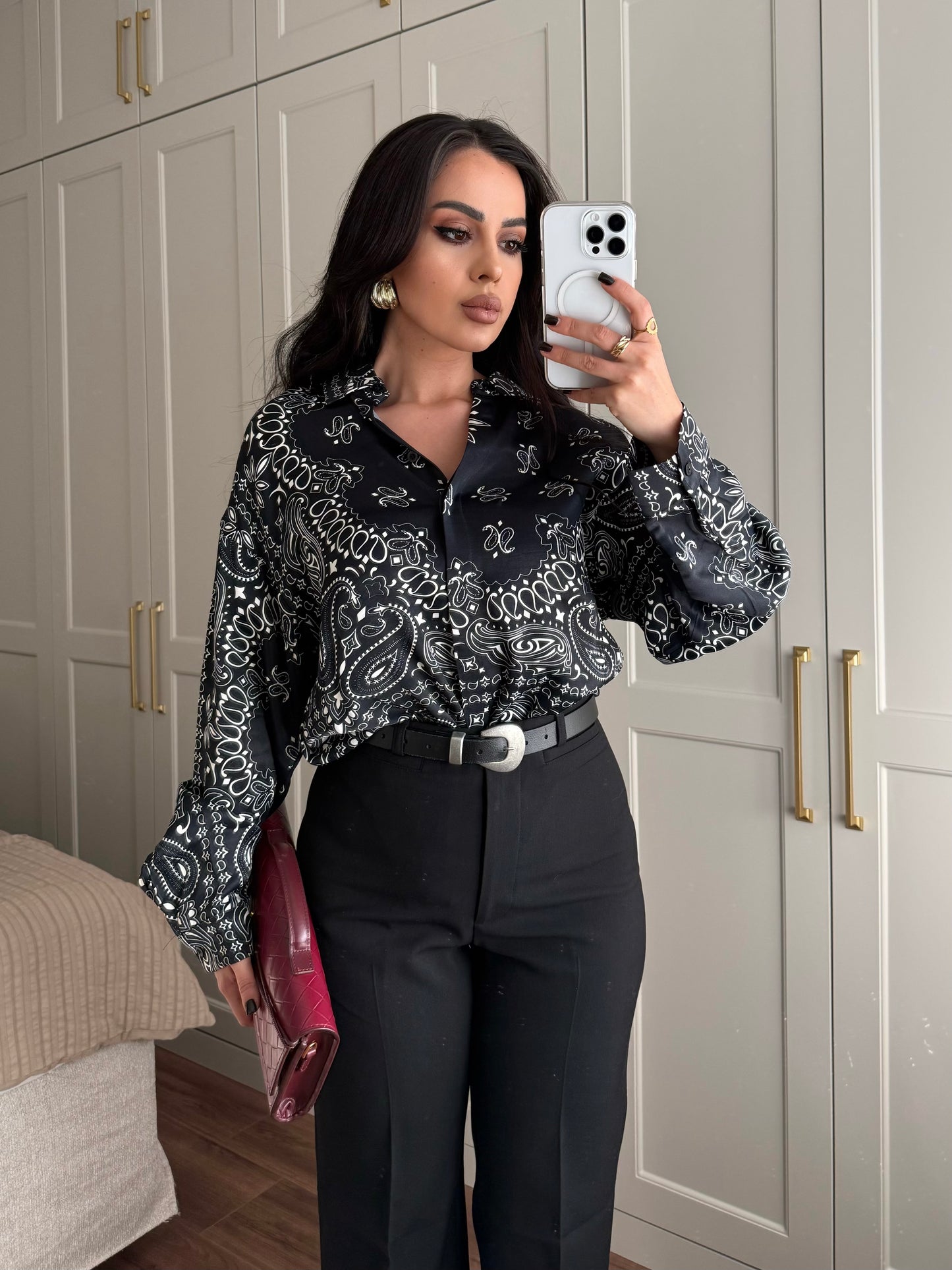Bandana desenli premium saten gömlek -Siyah