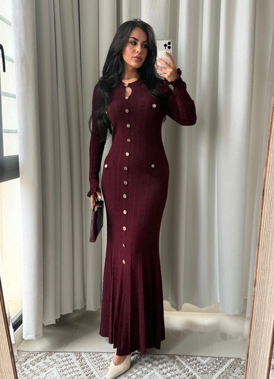 Aurora Uzun Kollu Premium Elbise - Bordo