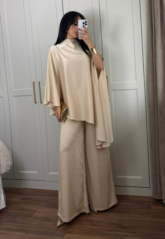 Amalia Saten Tasarım Takım-Şampanya Bej
