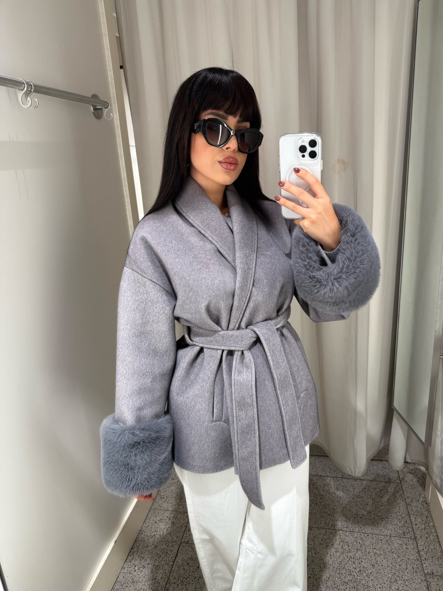 Monaco Gri Premium Kürklü Kaban