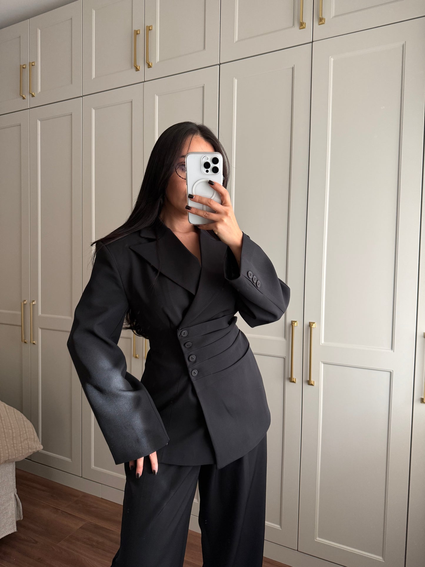 Wendy Bel Büzgülü Blazer Takımı-Siyah