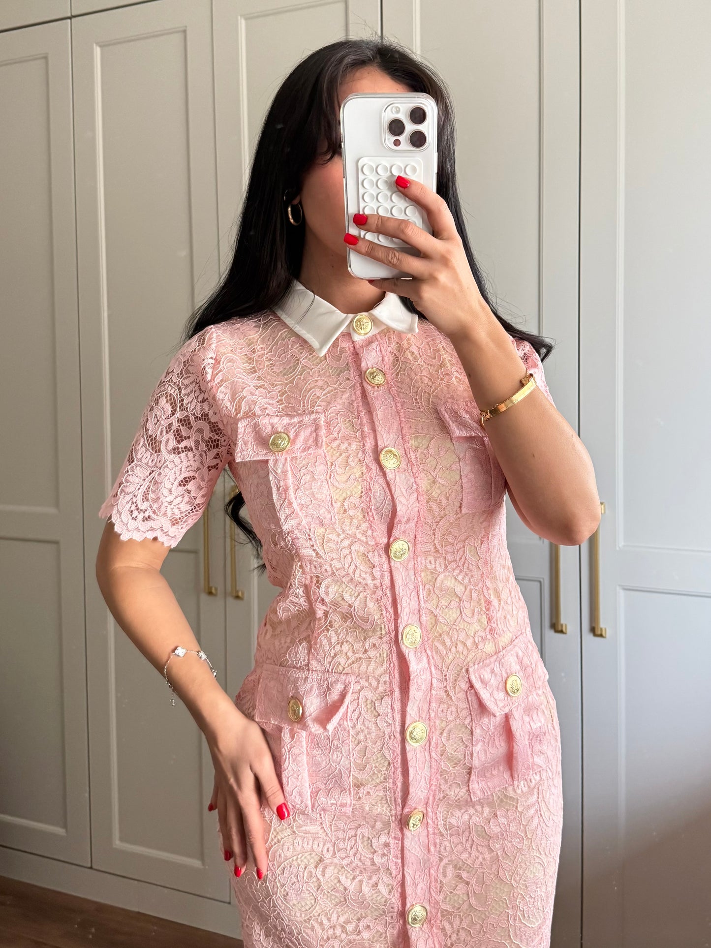 Ela Dantel Elbise-Pembe