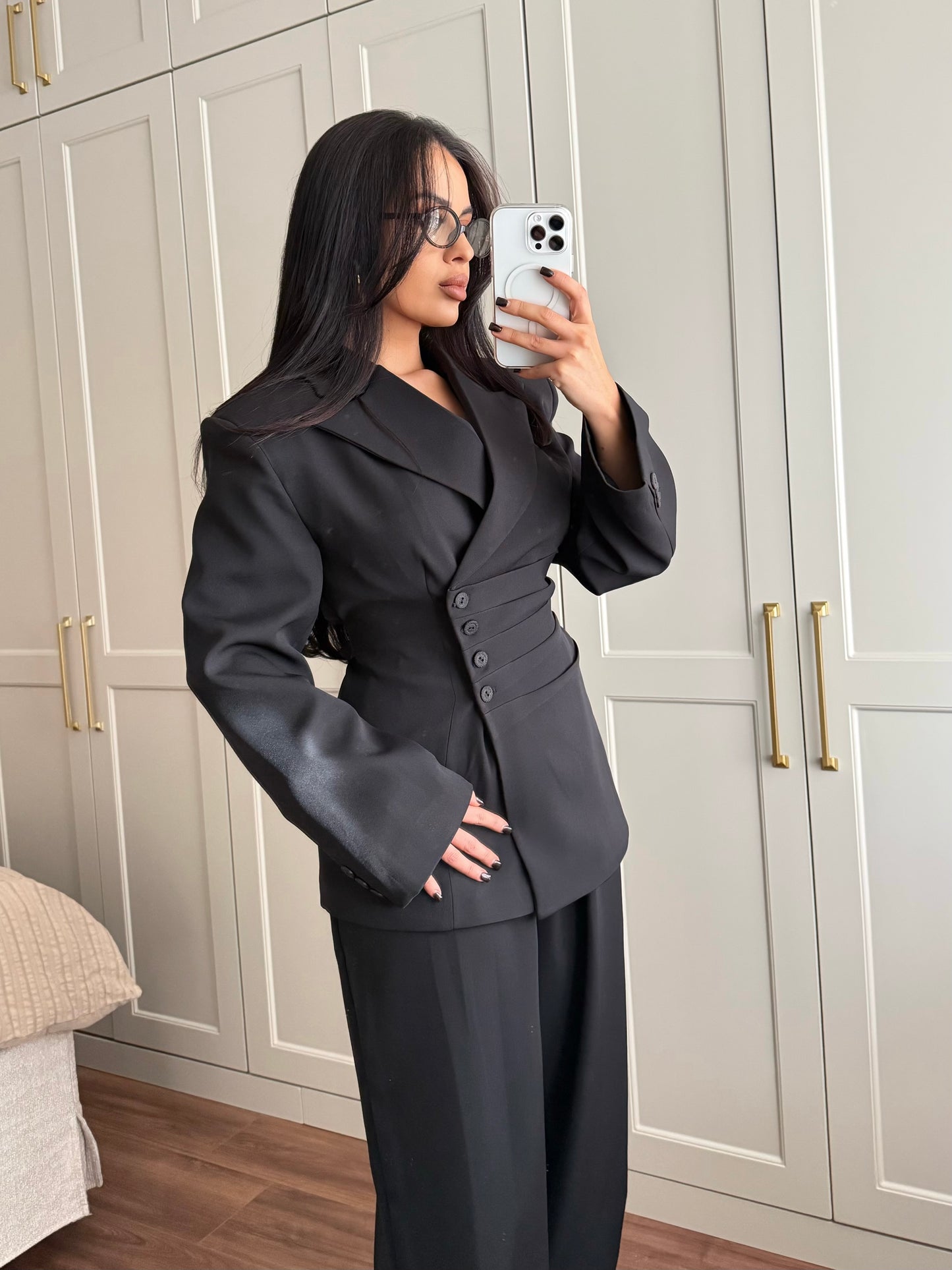 Wendy Bel Büzgülü Blazer Takımı-Siyah