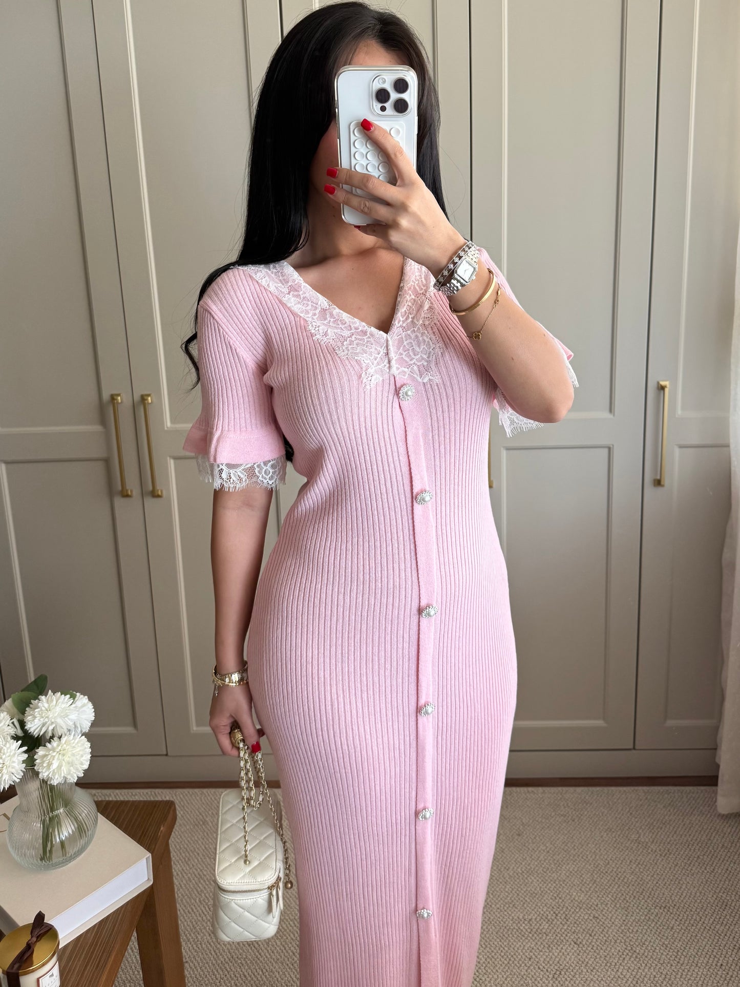 Beren Dantel Elbise-Pembe
