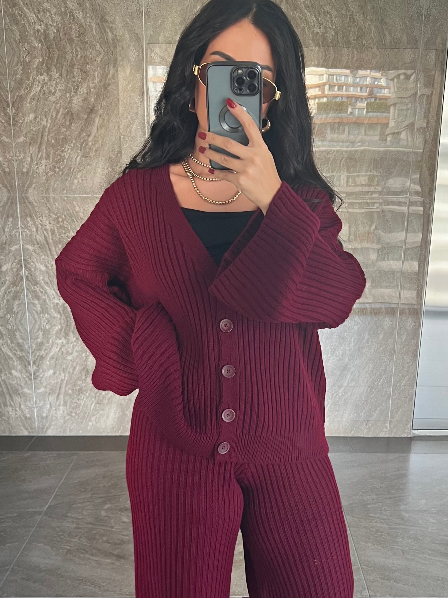 Yelda Bordo Triko Takım