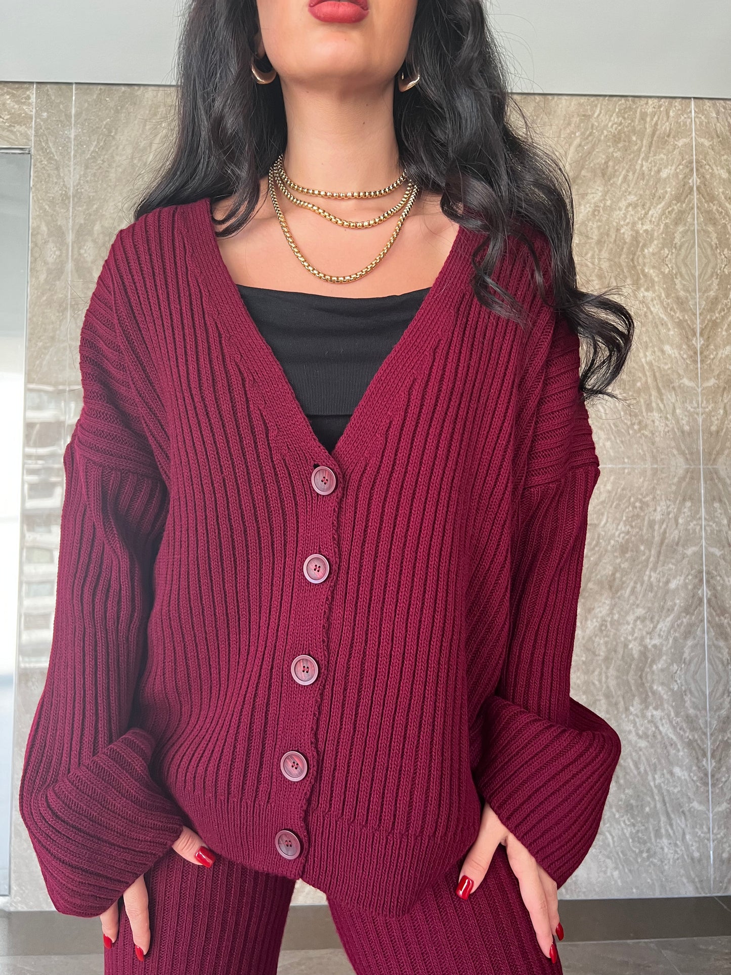 Yelda Bordo Triko Takım