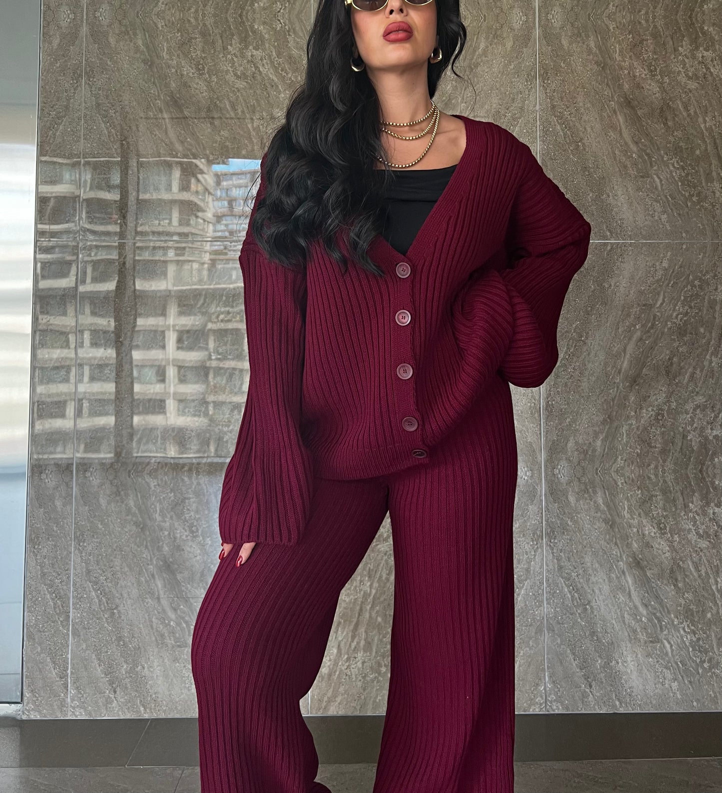 Yelda Bordo Triko Takım